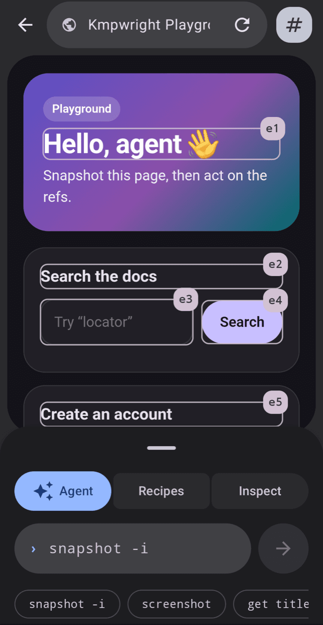 KMPwright on an Android phone, with an AI agent console under a web page